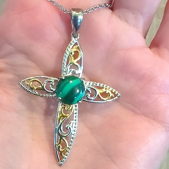 Malachite Cross Stainless Steel Pendant - Picture 7 of 10